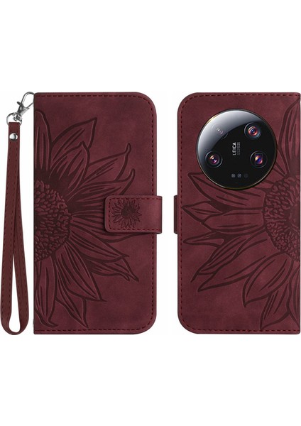 Xiaomi Için HT04 13 Ultra Anti-Dust Ayçiçeği Desen Cüzdan Kapağı Pu Deri Stand Telefon Kılıfı El Strap-Wine Kırmızı (Yurt Dışından)