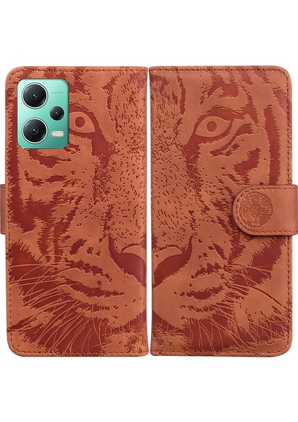 Xiaomi Redmi Için Deri Flip Telefon Kılıfı Not 12 5g (Global)/(Hindistan)/(Çin)/poco X5 5g, Tiger Deseni Baskılı Stand Cüzdan-Brown (Yurt Dışından)