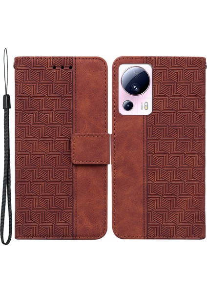 Xiaomi Için 13 Lite/civi 2 5g Cüzdan Deri Kılıf Geometri Deseni Baskılı Telefon Stand Kapak Kahverengi (Yurt Dışından)