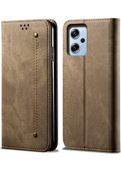 Xiaomi Redmi Için Cüzdan Telefon Kılıfı Not 11T Pro 5g/not 11T Pro+ 5G/K50I 5g/not 12T Pro 5g/poco X4 Gt 5g, Pu Deri Kot Ceza Doku Doku Standı Kapak-Khaki (Yurt Dışından)