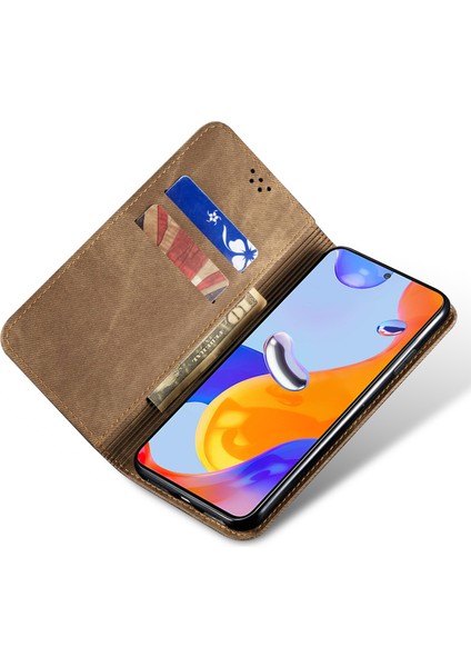 Xiaomi Redmi Için Cüzdan Telefon Kılıfı Not 11T Pro 5g/not 11T Pro+ 5G/K50I 5g/not 12T Pro 5g/poco X4 Gt 5g, Pu Deri Kot Ceza Doku Doku Standı Kapak-Khaki (Yurt Dışından)