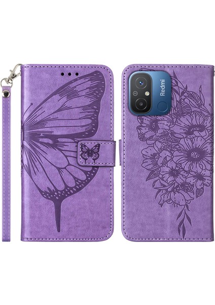 Xiaomi Redmi Için Deri Telefon Kılıfı 12C 4G/11A 4g/poco C55 4g, Cüzdan Kelebek Çiçek Stand El Strap-Purple ile Flip Telefon Kapağı (Yurt Dışından)