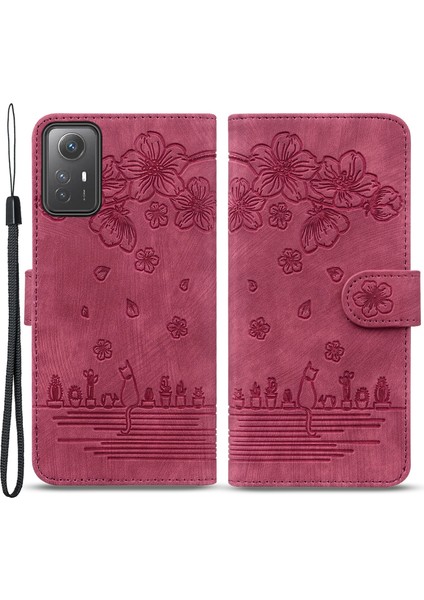 Xiaomi Için Redmi Note 12S 4g Sevimli Pu Deri Deri Telefon Kılıfı Şok Geçirmez Stand Cüzdan Kapağı Strap-Wine Red ile (Yurt Dışından)