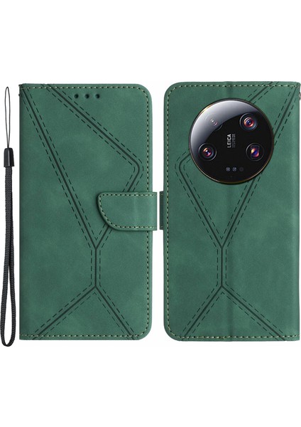 Xiaomi Için HT05 13 Ultra Baskılı Çizgi Cilt Touch Telefon Kılıfı Stand Pu Deri Kapak Yeşili (Yurt Dışından)
