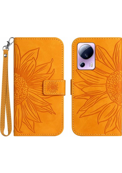 Xiaomi 13 Lite/civi 2 5g HT04 Pu Deri Telefon Kasası Ayçiçeği Baskılı Flip Cüzdan Standı Anti-Fall Phone Cover Cover-Sarı (Yurt Dışından)