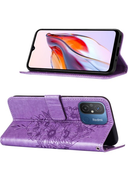 Xiaomi Redmi Için Deri Telefon Kılıfı 12C 4G/11A 4g/poco C55 4g, Cüzdan Kelebek Çiçek Stand El Strap-Purple ile Flip Telefon Kapağı (Yurt Dışından) modelleri