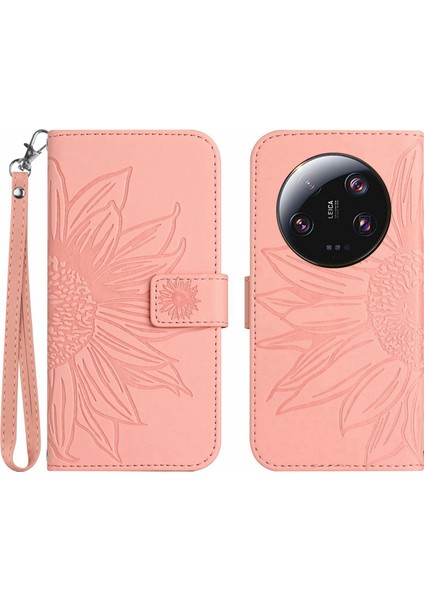 Xiaomi Için HT04 13 Ultra Anti-Dut Anti-Tutlu Ayçiçeği Desen Cüzdan Kapak Pu Deri Stand Telefon Kılıfı El Strap-Işık Pembe (Yurt Dışından)