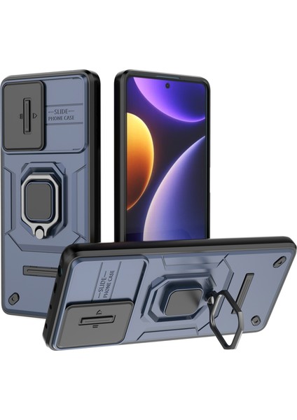 Pc+Tpu Kabuğu Xiaomi Için Poco F5 5g/redmi Not 12 Turbo, Anti-Drop Telefon Kasası Slayt Lens Koruması Kickstand Arka Kapak-Mavi (Yurt Dışından)