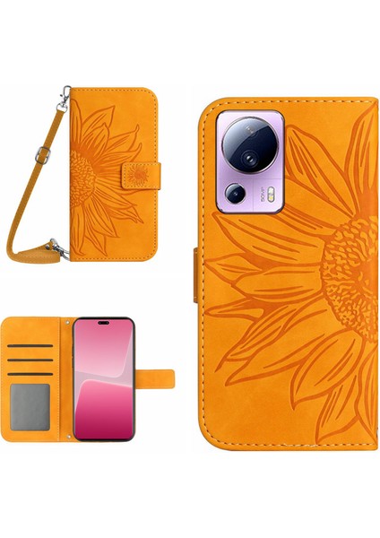 Xiaomi 13 Lite/civi 2 5g HT04 Flip Deri Cüzdan Telefon Kapağı Ayçiçeği Baskısı Stand Anti Drop Anti Tele Kılıfı Strap-Sarı (Yurt Dışından)