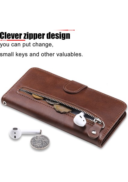 Xiaomi Için Redmi Not 12 4g Zipper Cep Deri Kılıf Buzağı Doku Standı Cüzdan Telefon Kapak-Kahverengi (Yurt Dışından)