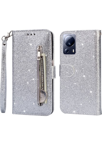 Xiaomi 13 Lite/civi 2 5g Glittery Deri Telefon Stand Kılıfı Zippered Cüzdan Telefon Kapak Silver (Yurt Dışından)