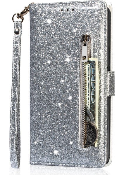 Xiaomi 13 Lite/civi 2 5g Glittery Deri Telefon Stand Kılıfı Zippered Cüzdan Telefon Kapak Silver (Yurt Dışından) modelleri