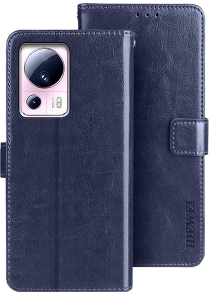 Xiaomi Için 13 Lite/civi 2 5g Fingerprint Anti-Fingerprint Telefon Kılıfı Pu Pu Deri Çılgın At Doku Doku Cüzdan Flip Cover-Dark Mavi (Yurt Dışından)