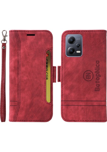 Xiaomi Redmi Için Telefon Kapağı Not 12 5g (Global)/(Hindistan)/(Çin)/poco X5 5g/cüzdan Stand Baskılı Hat Dikiş Pu Deri Kılıf Kırmızısı (Yurt Dışından)