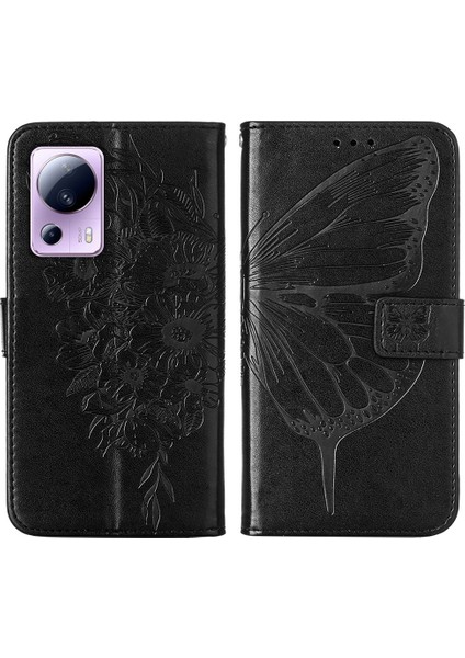 Xiaomi Için Pu Deri Telefon Kılıfı 13 Lite/civi 2 5g, Kelebek Çiçek Baskılı Anti-Çizelge Cüzdan Stand Kapağı El Strap-Black (Yurt Dışından)