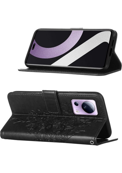Xiaomi Için Pu Deri Telefon Kılıfı 13 Lite/civi 2 5g, Kelebek Çiçek Baskılı Anti-Çizelge Cüzdan Stand Kapağı El Strap-Black (Yurt Dışından) fırsatları