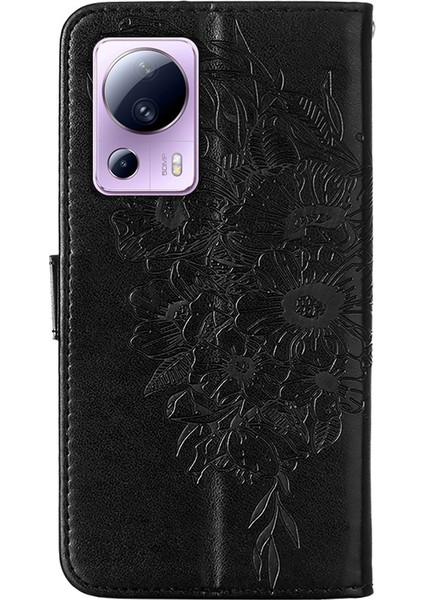Xiaomi Için Pu Deri Telefon Kılıfı 13 Lite/civi 2 5g, Kelebek Çiçek Baskılı Anti-Çizelge Cüzdan Stand Kapağı El Strap-Black (Yurt Dışından) indirimleri