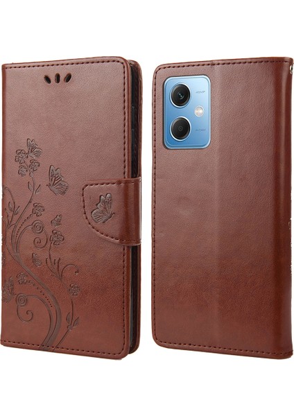 Xiaomi Için Redmi Note 12 5g (Global)/(Hindistan)/(Çin)/poco X5 5g Telefon Kılıfı Çiçek Kelebek Baskılı Deri Cüzdan Stand Kapak Kahverengi (Yurt Dışından)