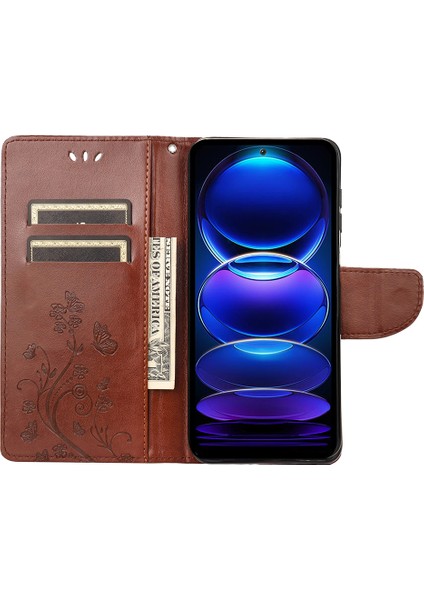 Xiaomi Için Redmi Note 12 5g (Global)/(Hindistan)/(Çin)/poco X5 5g Telefon Kılıfı Çiçek Kelebek Baskılı Deri Cüzdan Stand Kapak Kahverengi (Yurt Dışından)