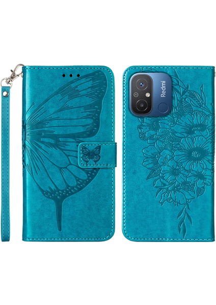 Xiaomi Redmi Için Deri Telefon Kılıfı 12C 4G/11A 4g/poco C55 4g, Cüzdan Kelebek Çiçek Stand El Strap-Blue ile Flip Telefon Kapağı (Yurt Dışından)