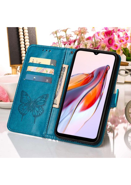 Xiaomi Redmi Için Deri Telefon Kılıfı 12C 4G/11A 4g/poco C55 4g, Cüzdan Kelebek Çiçek Stand El Strap-Blue ile Flip Telefon Kapağı (Yurt Dışından) fırsatları