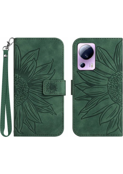 Xiaomi 13 Lite/civi 2 5g HT04 Pu Deri Telefon Kasası Ayçiçeği Baskılı Flip Cüzdan Stand Anti-Fall Telefon Kapak-Dark Yeşil (Yurt Dışından)