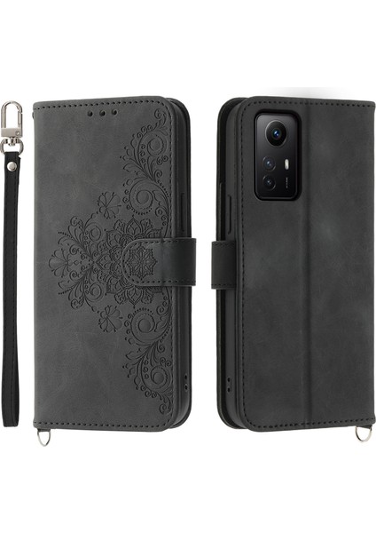Xiaomi Redmi Için Şok Geçirmez Kılıf Not 12S 4g Çiçek Baskılı Deri Kapak Cilt Touch Cüzdan Telefon Kılıfı Strap-Black (Yurt Dışından)