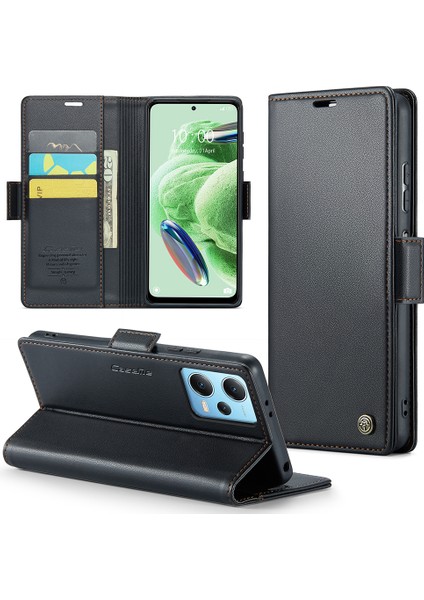 Xiaomi Redmi Için Note 12 5g (Çin)/(Hindistan)/(Global)/poco X5 5g Litchi Doku Rfıd Engelleme Cüzdan Kılıf Kılıfı Deri Stand Telefon Kapağı Black (Yurt Dışından)