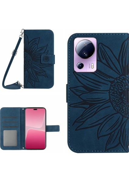 Xiaomi 13 Lite/civi 2 5g HT04 Flip Deri Cüzdanlı Telefon Kapağı Ayçiçeği Baskılı Stand Anti-Drop Telefon Kılıfı Strap-Dark Mavi (Yurt Dışından)