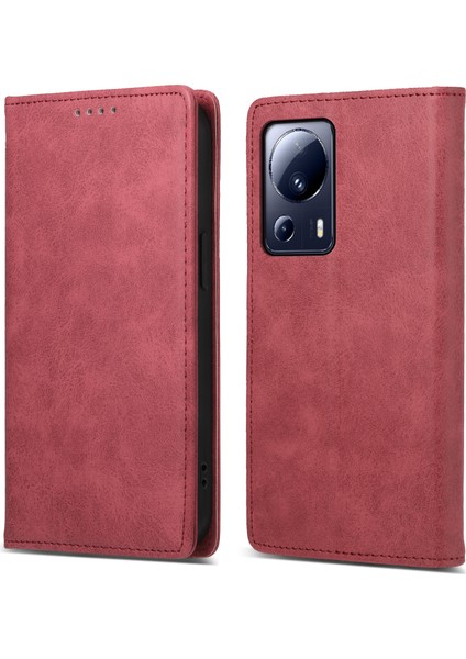Df-05 Xiaomi Için Cep Telefon Kılıfı 13 Lite/civi 2 5g, Cüzdan Pu Deri Anti-Çizelge Rfıd Engelleme Standı Kapak Kırmızı (Yurt Dışından)