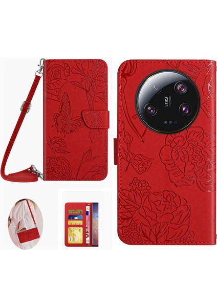 HT03 Xiaomi Için Telefon Kılıfı 13 Ultra Pu Deri Kelebek Çiçekleri Baskılı Stand Cüzdan Kapağı Omuz Kayışı Kırmızısı (Yurt Dışından)