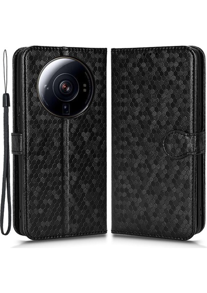 Dot Deseni Xiaomi 12S Ultra 5g Için Baskılı Telefon Kapağı, Damla Koruma Pu Deri Stand Cüzdan Case-Black (Yurt Dışından)