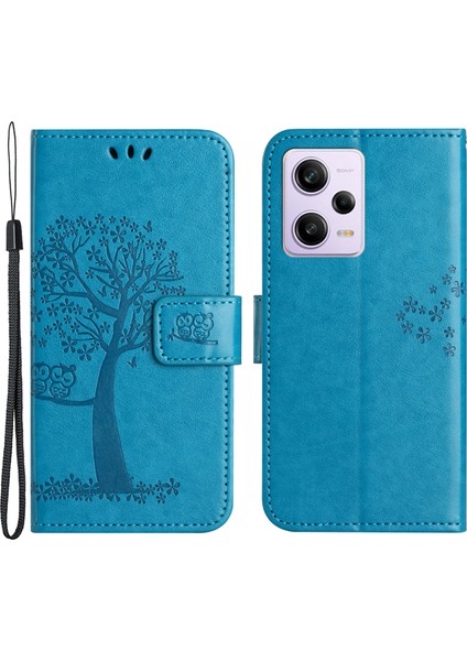 Xiaomi Redmi Note 12 Pro 5g Için Damla Koşullu Pu Deri Telefon Kılıfı, Baskılı Baykuş Ağacı Desen Mavisi ile Telefon Cüzdan Kapağı Standı (Yurt Dışından)