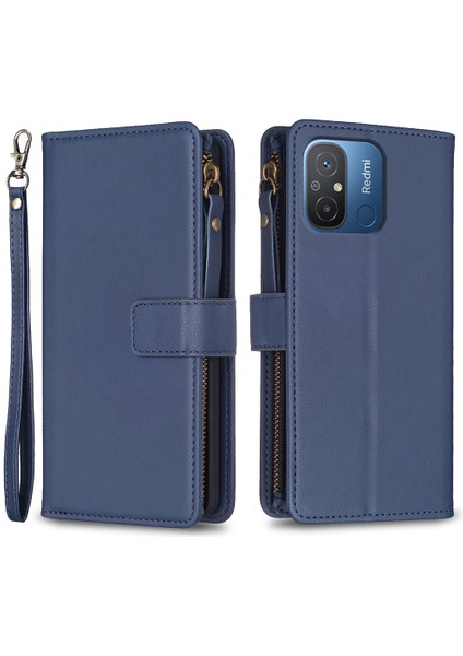 Xiaomi Redmi Için BF19 12C 4g Pu Deri Cüzdan Fermuarlı Telefon Kılıfı Stand Telefon Kapak Mavisi (Yurt Dışından)