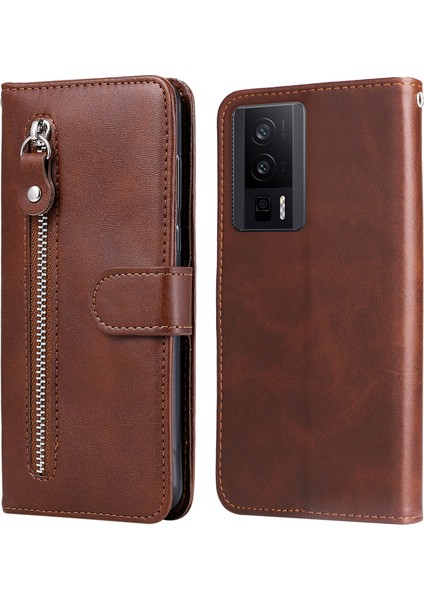 Xiaomi Poco F5 Pro 5g/redmi K60 Pro 5G/K60 5g Fermuarı Cep Telefon Kılıf Buzağı Dokusu Pu Deri Deri Stand Cüzdan Kapak Kahverengi (Yurt Dışından)