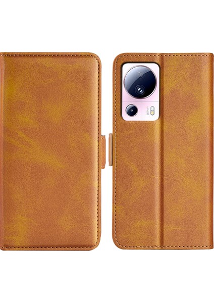 Xiaomi Için 13 Lite/civi 2 5g Buzağı Doku Cep Telefonu Kapak Standı Cüzdan Pu Deri Telefon Kılıfı Sarı (Yurt Dışından)