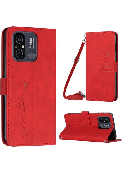 Xiaomi Redmi Için 12C 4G/11A 4g Telefon Kılıfı Baskılı Kalp Şekli Stand Cüzdan Deri Telefon Kapağı Omuz Kayışı Kırmızısı (Yurt Dışından)