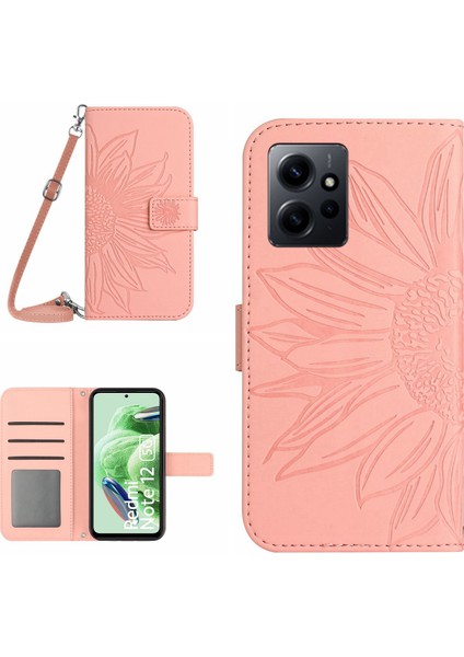 Xiaomi Için Redmi Note 12 4g HT04 Ayçiçeği Desen Stand Kapak Deri Cüzdanlı Telefon Kılıfı Omuz Kayış Işık Pembesi (Yurt Dışından)