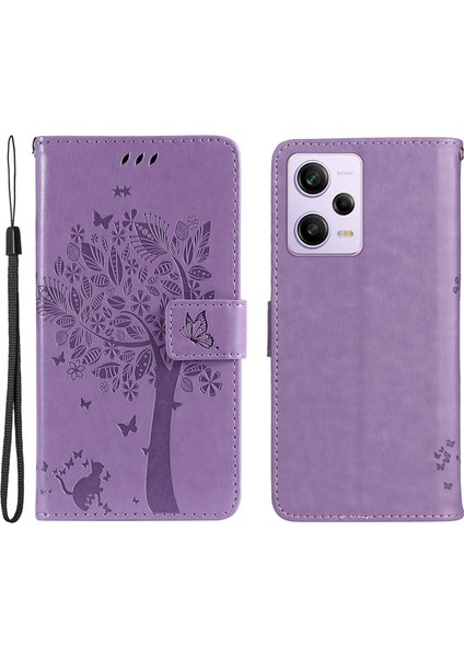 Xiaomi Redmi Için Telefon Kılıfı Not 12 Pro 5g/note 12 Pro Speed ​​5g/poco X5 Pro 5g Deri Cüzdan Stand Kapağı Strap-Light Mor ile Baskılı Kedi Ağacı (Yurt Dışından)