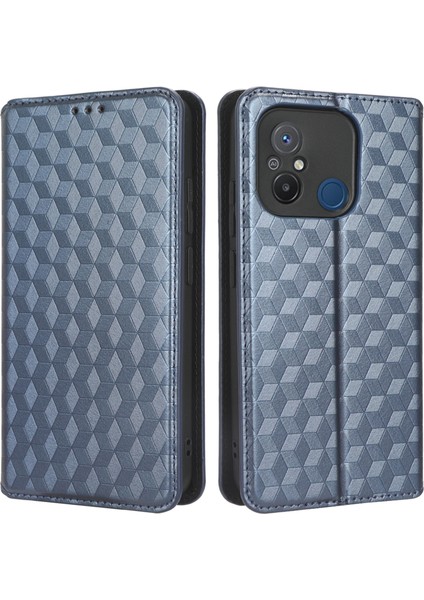 Xiaomi Redmi Için 12C 4G/11A 4g/poco C55 4g Şok Geçirmez Telefon Kasası Baskılı Eşkenar Dörtgen Desen Pu Deri Cüzdan Standı Kapak-Mavi (Yurt Dışından)