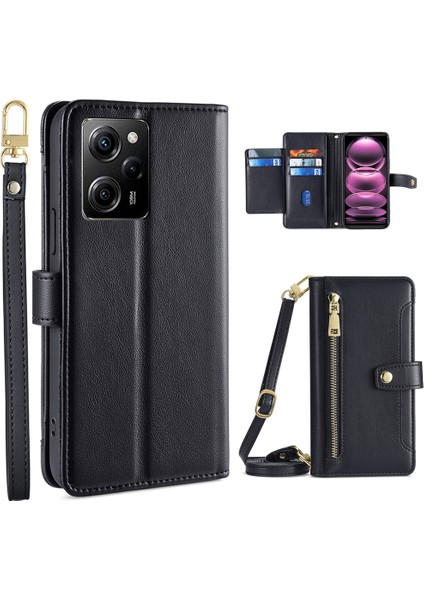 Xiaomi Redmi Için Note 12 Pro Speed ​​5g /note 12 Pro 5g /poco X5 Pro 5g Fermuarı Cep Telefonu Stand Kılıf Kart Kartı Yuvaları Deri Telefon Kapağı Straps-Black (Yurt Dışından)