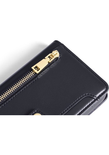 Xiaomi Redmi Için Note 12 Pro Speed ​​5g /note 12 Pro 5g /poco X5 Pro 5g Fermuarı Cep Telefonu Stand Kılıf Kart Kartı Yuvaları Deri Telefon Kapağı Straps-Black (Yurt Dışından) modelleri