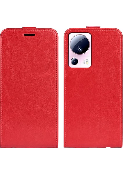 Xiaomi Için 13 Lite/civi 2 5g Kart Tutucu Dikey Flip Telefon Kılıfı Çılgın At Dokusu Pu Deri Kapak-Kırmızı (Yurt Dışından)