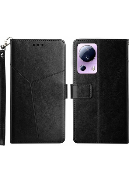 Xiaomi Için HT01 13 Lite/civi 2 5g Flip Deri Cüzdan Kapağı Baskılı Y Şeklinde Hat Stand Şok Geçirmez Telefon Kılıfı Strap-Black (Yurt Dışından)