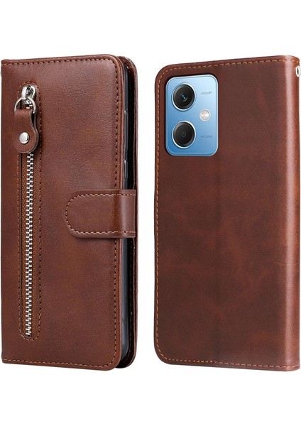 Buzağı Doku Xiaomi Redmi Için Telefon Kılıfı Not 12 5g (Global)/(Hindistan)/(Çin)/poco X5 5g Kitap Tarzı Pu Deri Fermuar Cep Flip Cüzdan Kapağı Stand-Brown (Yurt Dışından)