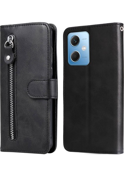 Buzağı Doku Xiaomi Için Telefon Kılıfı Not 12 5g (Global)/(Hindistan)/(Çin)/poco X5 5g Kitap Tarzı Pu Deri Fermuar Cep Flip Cüzdan Kapağı Stand-Black ile (Yurt Dışından)