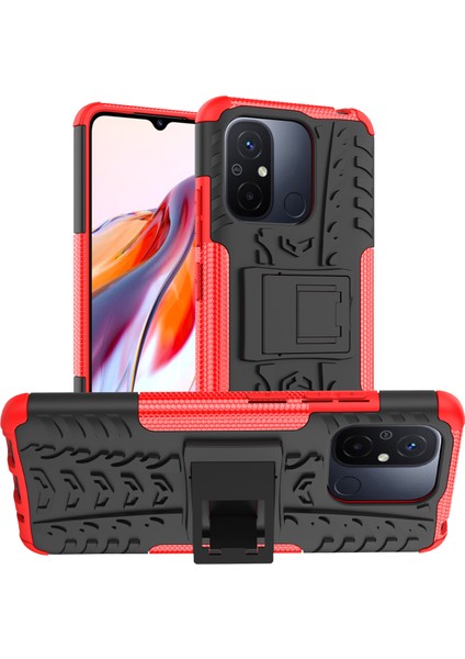 Xiaomi Redmi Için 12C 4g/poco C55 4g Lastik Deseni Kickstand Telefon Kılıfı Pc+Tpu Şok Geçirmez Telefon Kapak-Kırmızı (Yurt Dışından)