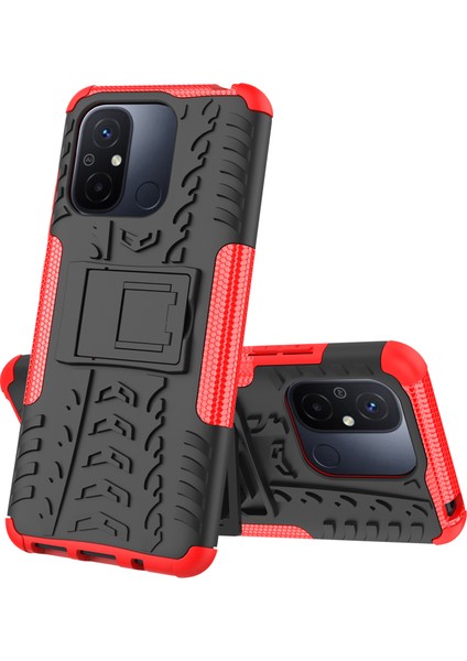 Xiaomi Redmi Için 12C 4g/poco C55 4g Lastik Deseni Kickstand Telefon Kılıfı Pc+Tpu Şok Geçirmez Telefon Kapak-Kırmızı (Yurt Dışından) fiyatları
