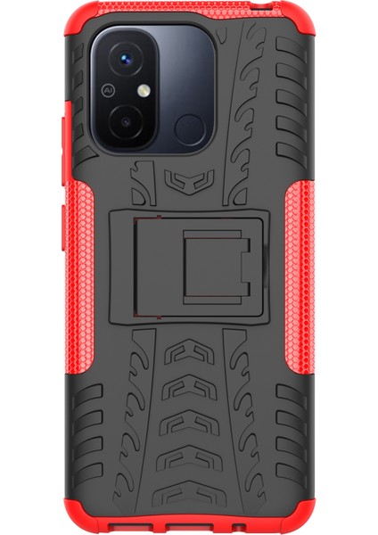 Xiaomi Redmi Için 12C 4g/poco C55 4g Lastik Deseni Kickstand Telefon Kılıfı Pc+Tpu Şok Geçirmez Telefon Kapak-Kırmızı (Yurt Dışından) modelleri