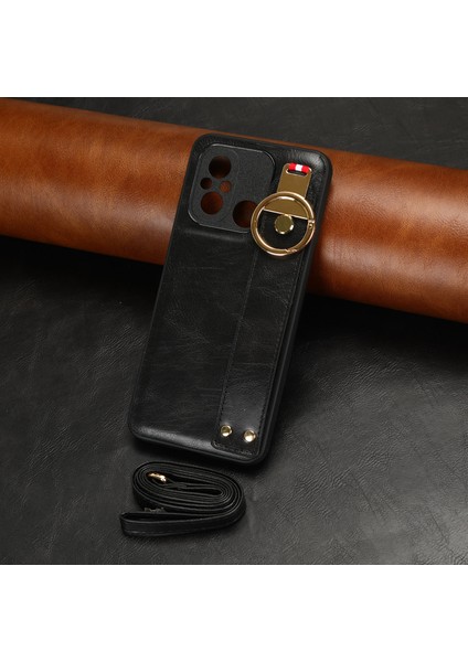 Xiaomi Redmi Için 12C 4g/poco C55 4g Bileklik Kickstand Cover Pu Deri Kaplamalı Pc+Tpu Boyun Kayışı Black ile (Yurt Dışından) modelleri